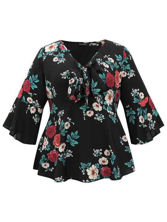 Floral Knot Twist Front Ruffle Sleeve Blouse