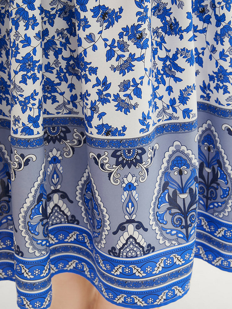 Bandana Print Belted Pocket V Neck Flutter Hem Dress