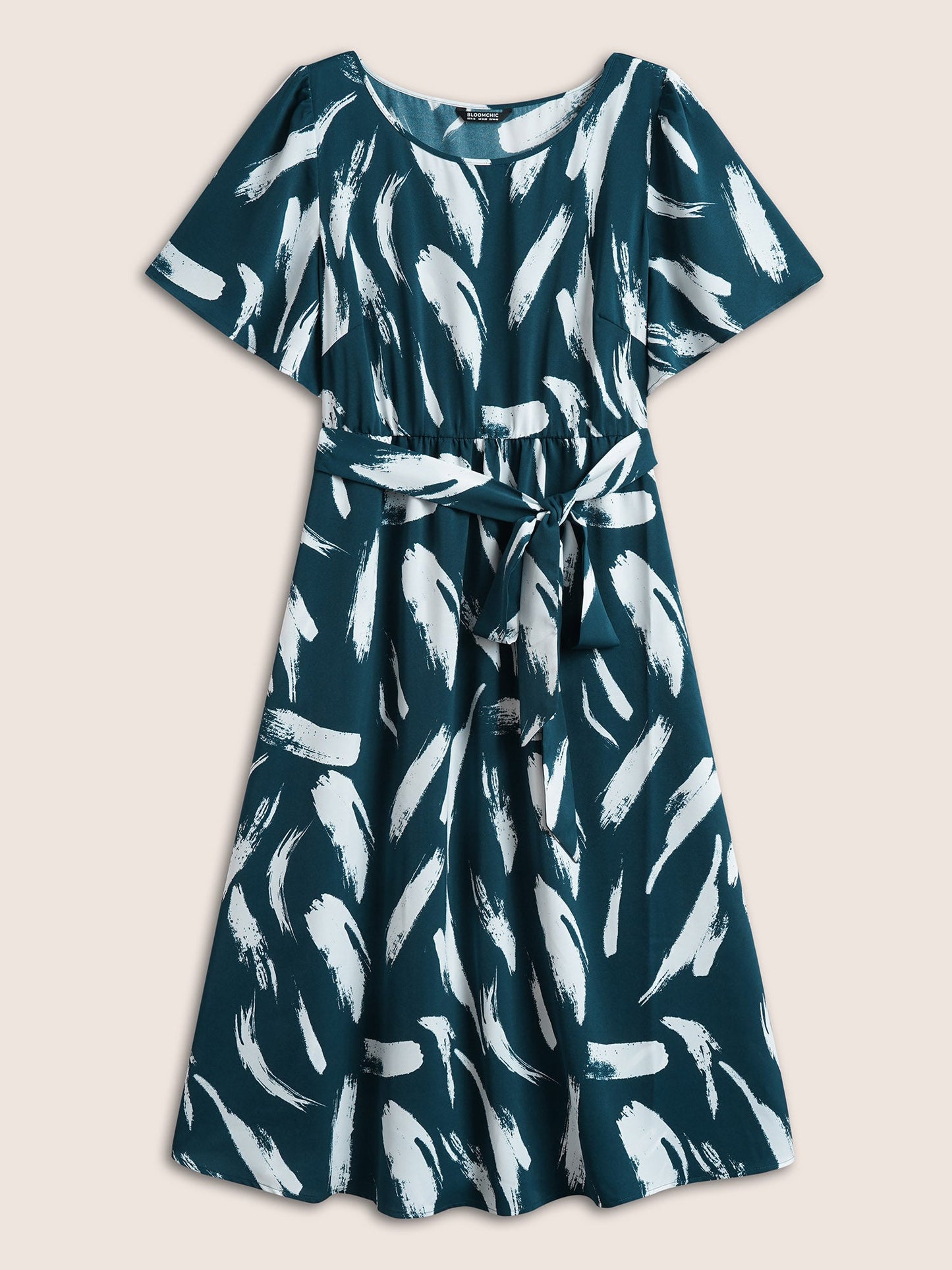 Brush Print Belted Pocket Elastic Waist Dress