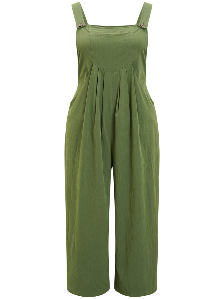 Solid Pocket Pleated Detail Overall Jumpsuit