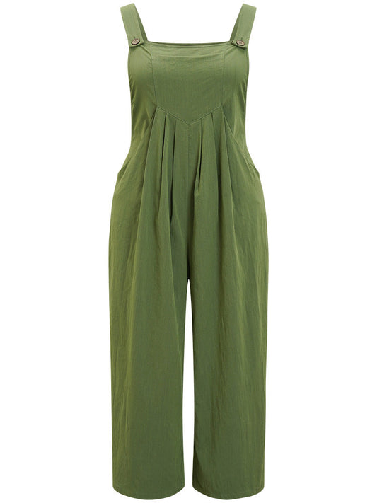Solid Pocket Pleated Detail Overall Jumpsuit