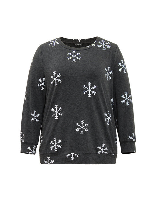 Snowflake Print Round Neck Sweatshirt