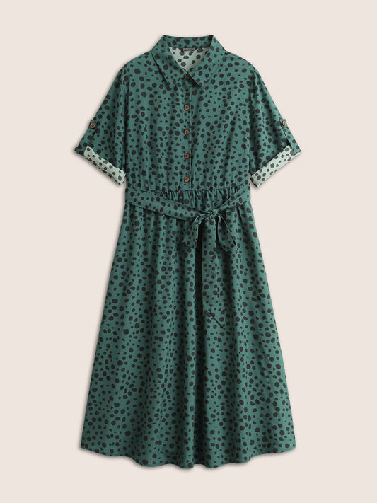 Shirt Collar Polka Dot Elastic Waist Belted Dress