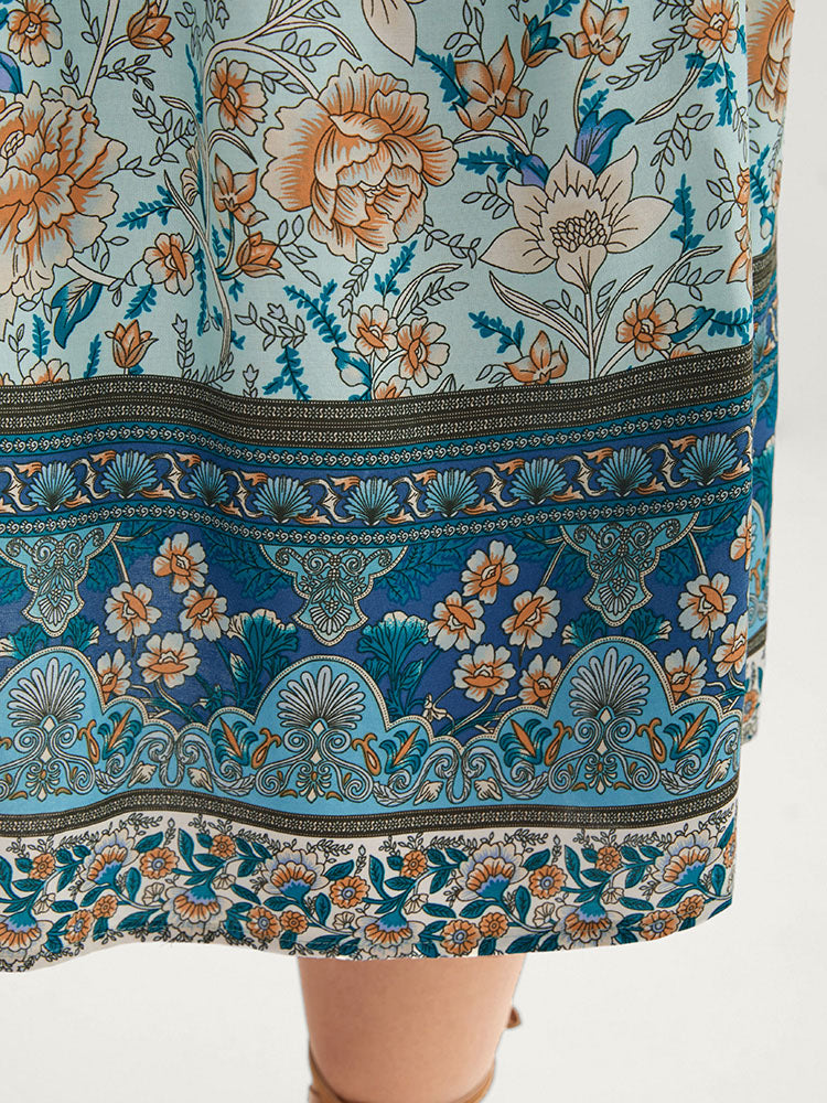 Floral Knotted Neck Pocket Ruffles Midi Dress