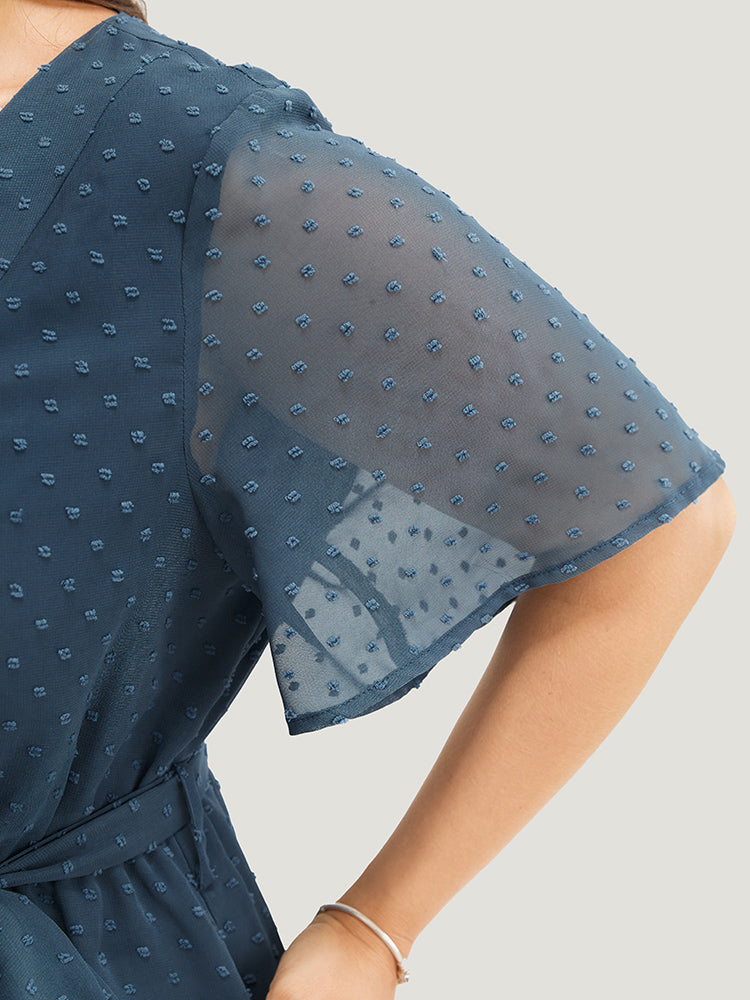 Polka Dot Mesh Ruffle Sleeve Pocket Belted Button Detail Romper