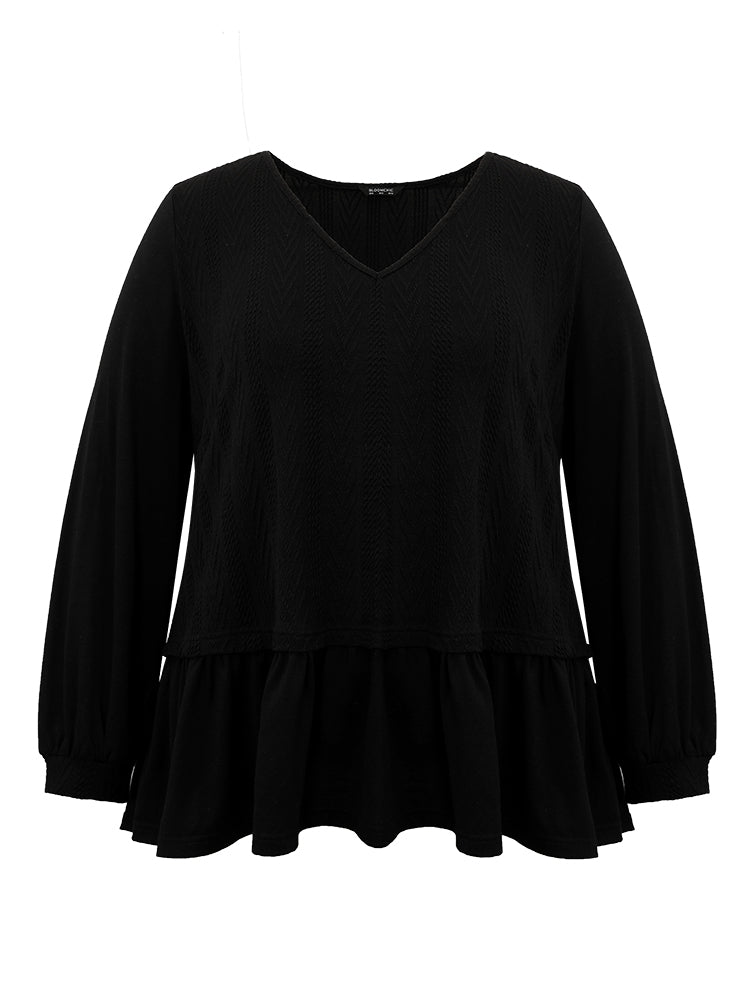 Plain Texture Ruffle Hem Lantern Sleeve T-shirt