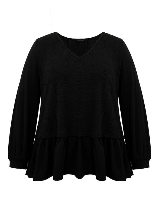 Plain Texture Ruffle Hem Lantern Sleeve T-shirt