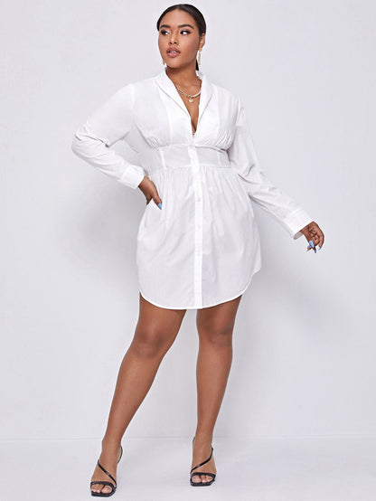 Shawl Collar Curved Hem Shirt Dress