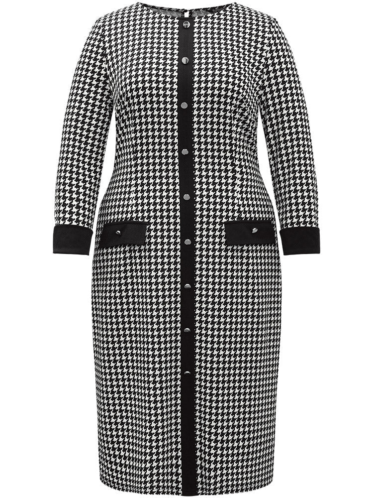 :Houndstooth Pocket Button Detail Dress
