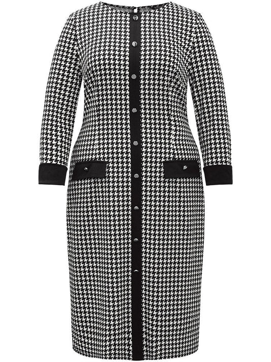 :Houndstooth Pocket Button Detail Dress
