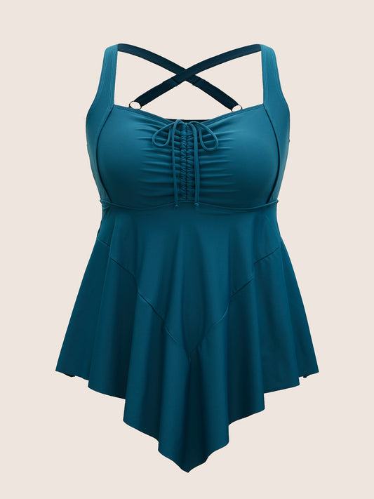 Plain Gathered Adjustable Straps Drawstring Swim Dress