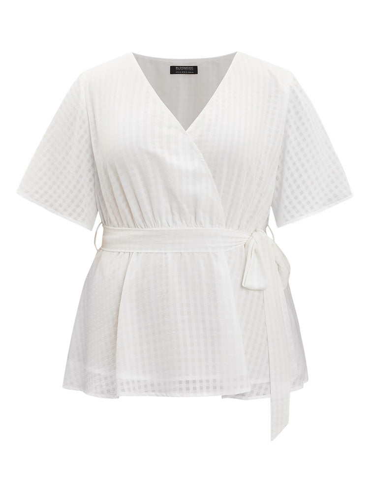 Plain Gingham Mesh Ruffle Sleeve Belt Wrap Blouse