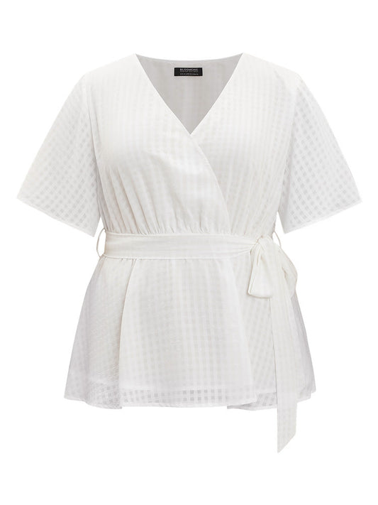 Plain Gingham Mesh Ruffle Sleeve Belt Wrap Blouse