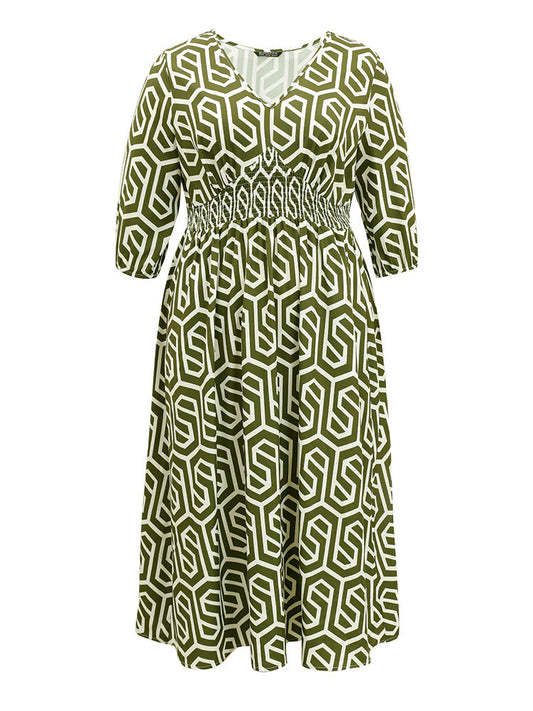 Geometric Print V Neck Shirred Dress