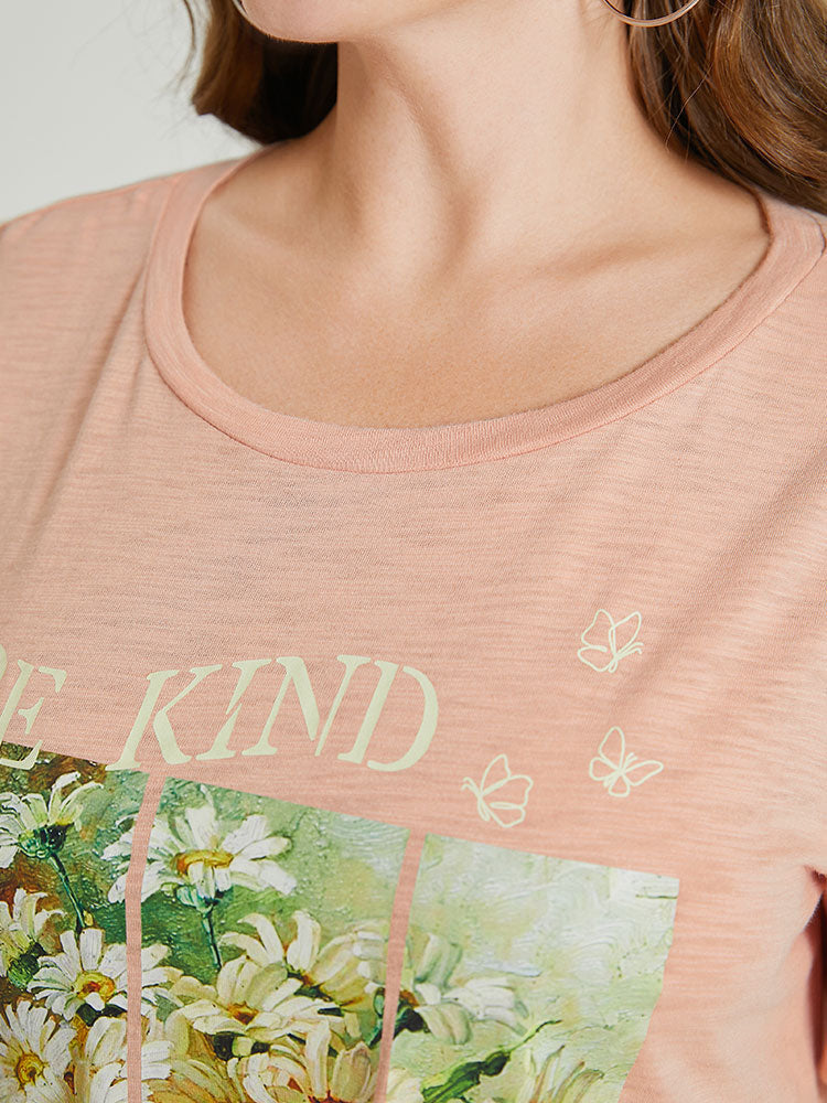 Daisy Floral  & Letter Priint Round Neck T-shirt