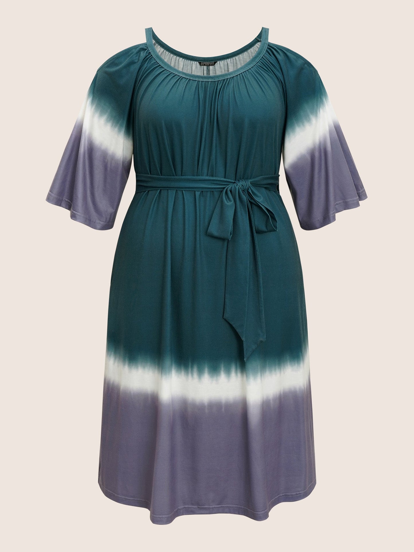 Tie Dye Gathered Cold Shoulder Belted Dress
