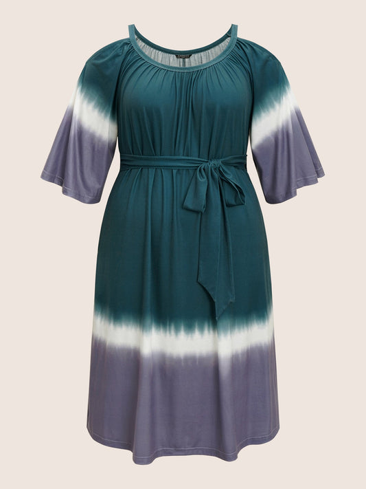 Tie Dye Gathered Cold Shoulder Belted Dress
