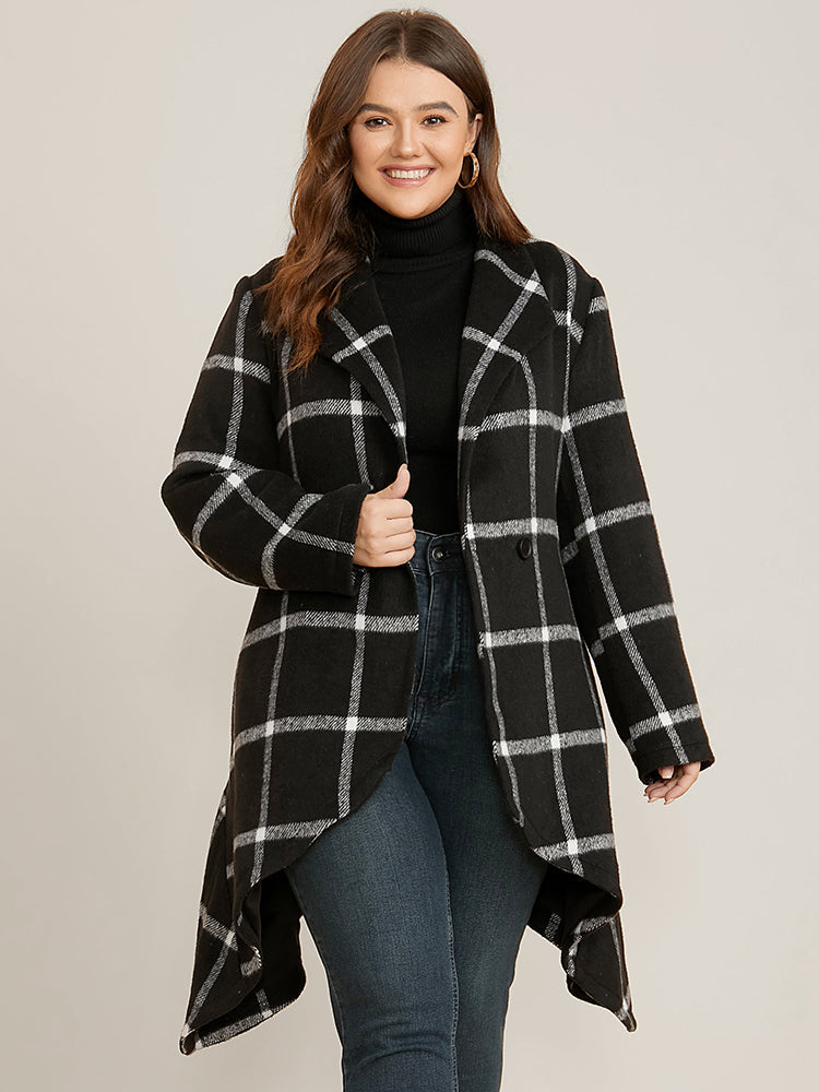 Plaid Pocket Asymmetrical Hem Belted Lapel Collar Coat
