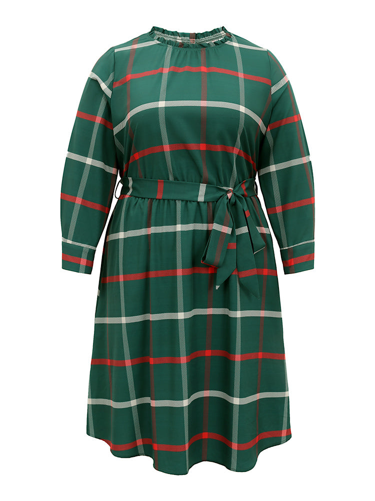 Plaid Stand Collar Gathered Belted Dress
