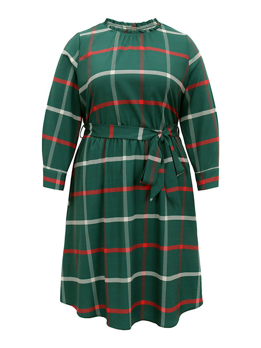 Plaid Stand Collar Gathered Belted Dress