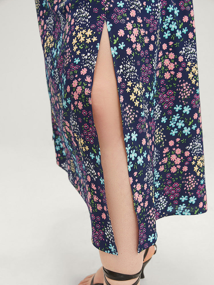 Ditsy Floral Ruffles Pocket Shirred Split Hem Cami Dress