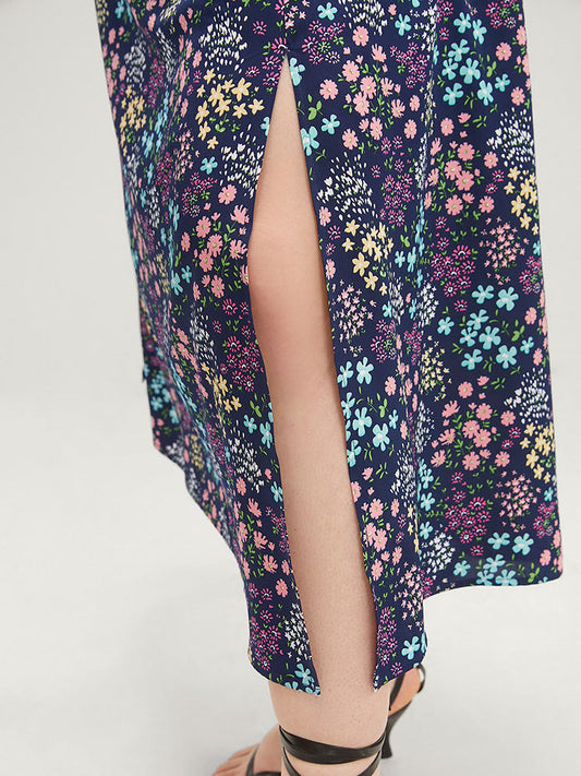 Ditsy Floral Ruffles Pocket Shirred Split Hem Cami Dress