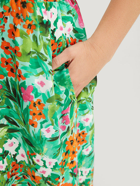 Floral Ruffle Trim Gathered Pocket Button Up Dress