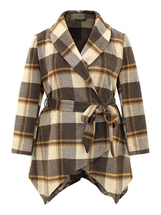Plaid Belted Lapel Collar Hanky Hem Coat