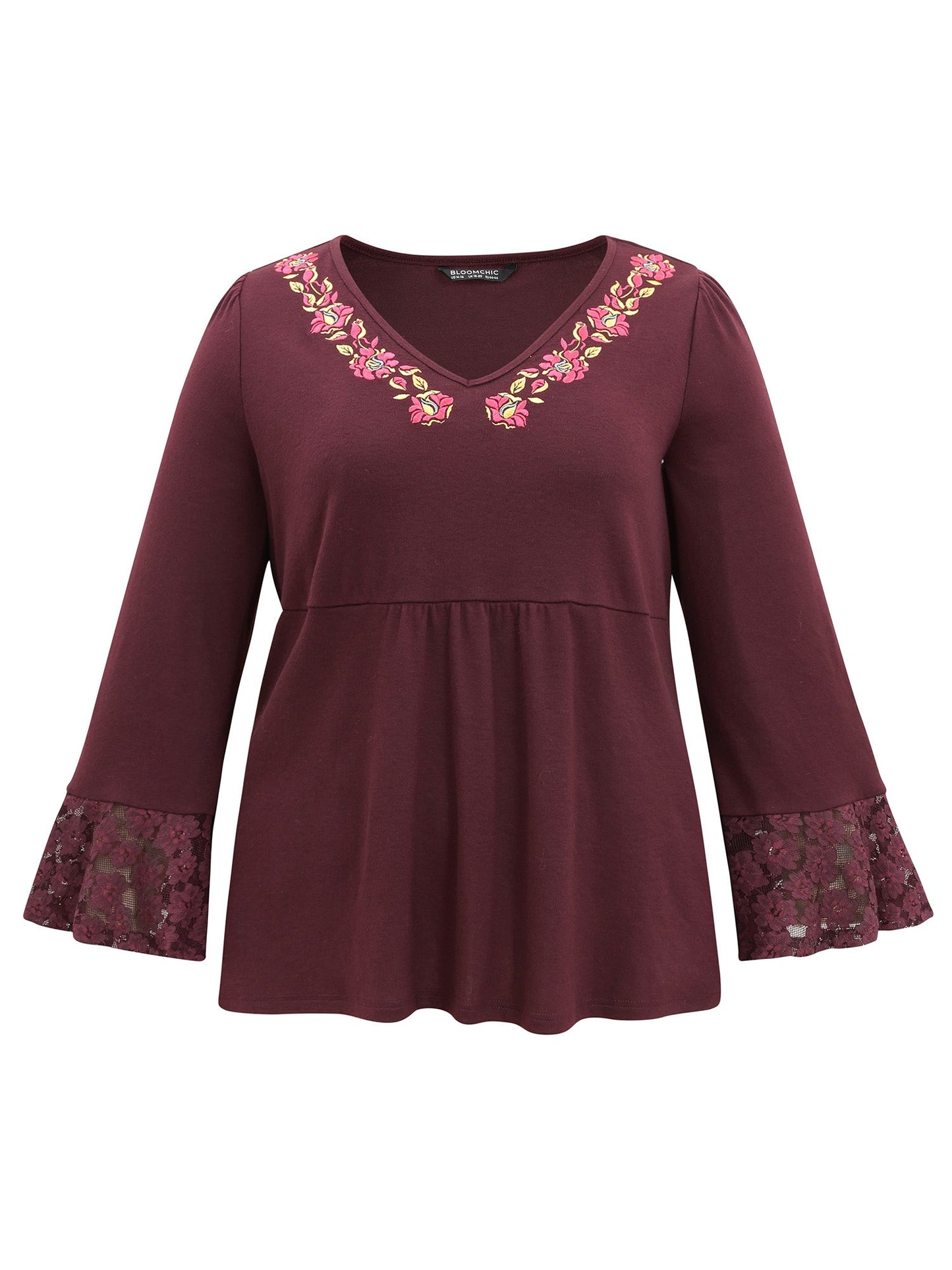 Floral Embroidered Lace Panel Bell Sleeve T-shirt