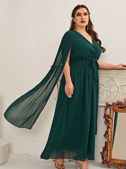 Split Sleeve Belt V-neck Maxi Dress
