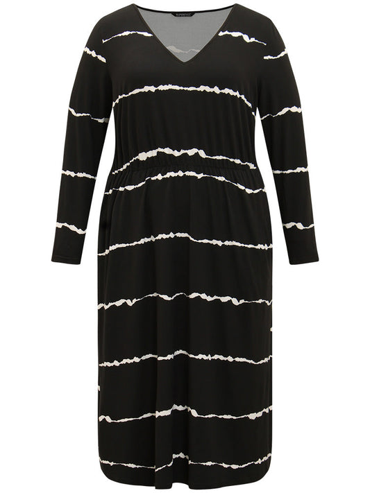 Striped Print V Neck Elastic Waist Dress