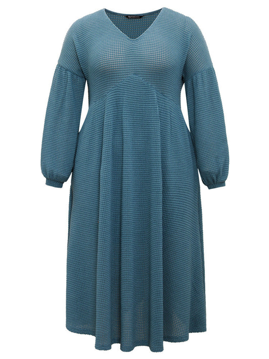 Solid Waffle Knit Pocket Lantern Sleeve Dress