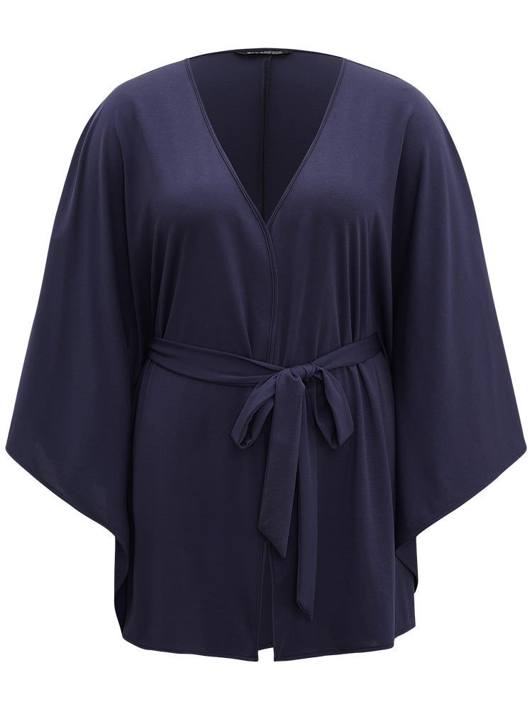 Plain Drape  Surplice Neck Belted Kimono