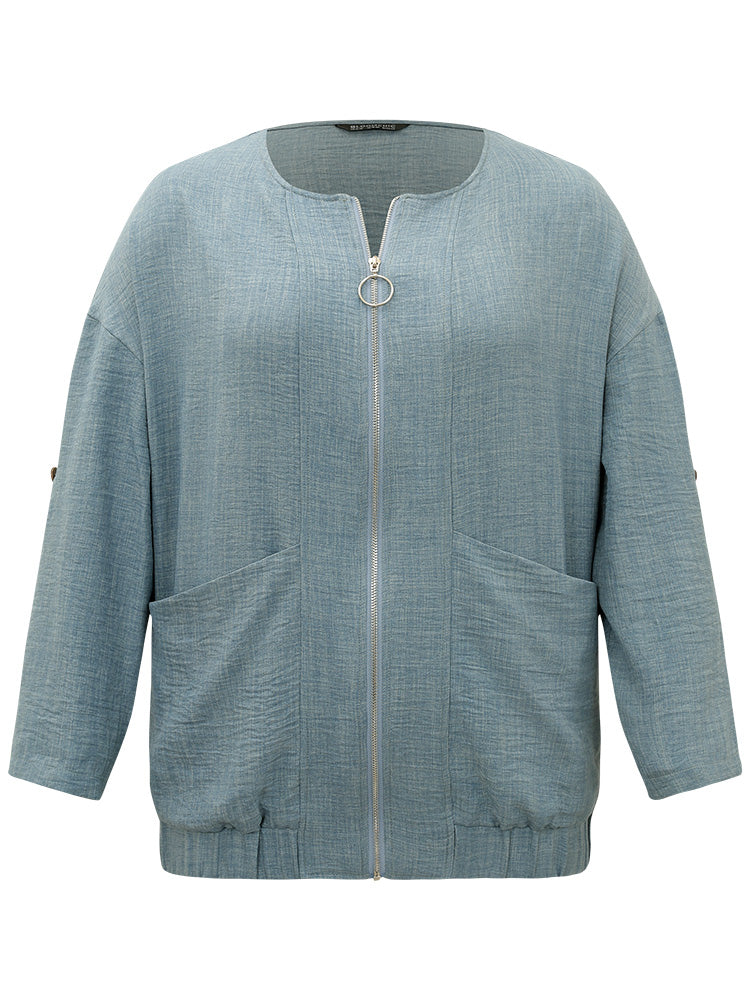 Plain Pocket Zipper Tab Sleeve Jacket