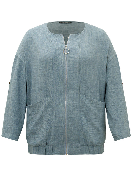 Plain Pocket Zipper Tab Sleeve Jacket