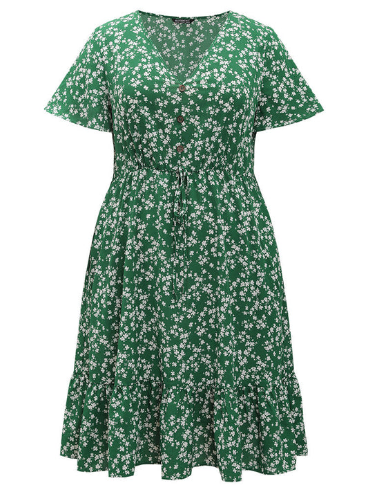 Ditsy Floral Pocket Button Detail Elastic Waist Ties Dress
