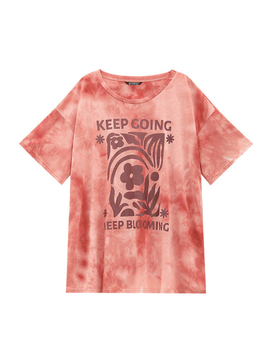 Slogan & Floral Crew Neck Short Sleeve Tie Dye T-shirt