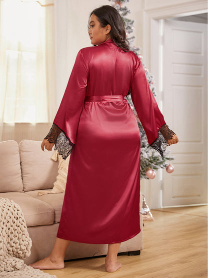 Belted Contrast Lace Robe Dress