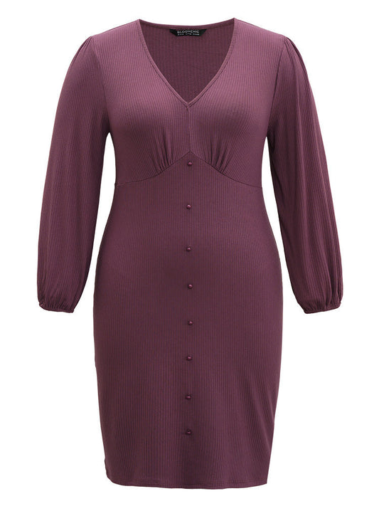 Rib Knit Gathered Button Detail Lantern Sleeve Dress