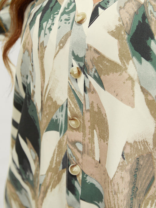 Allover Print Button Detail High Low Hem Blouse