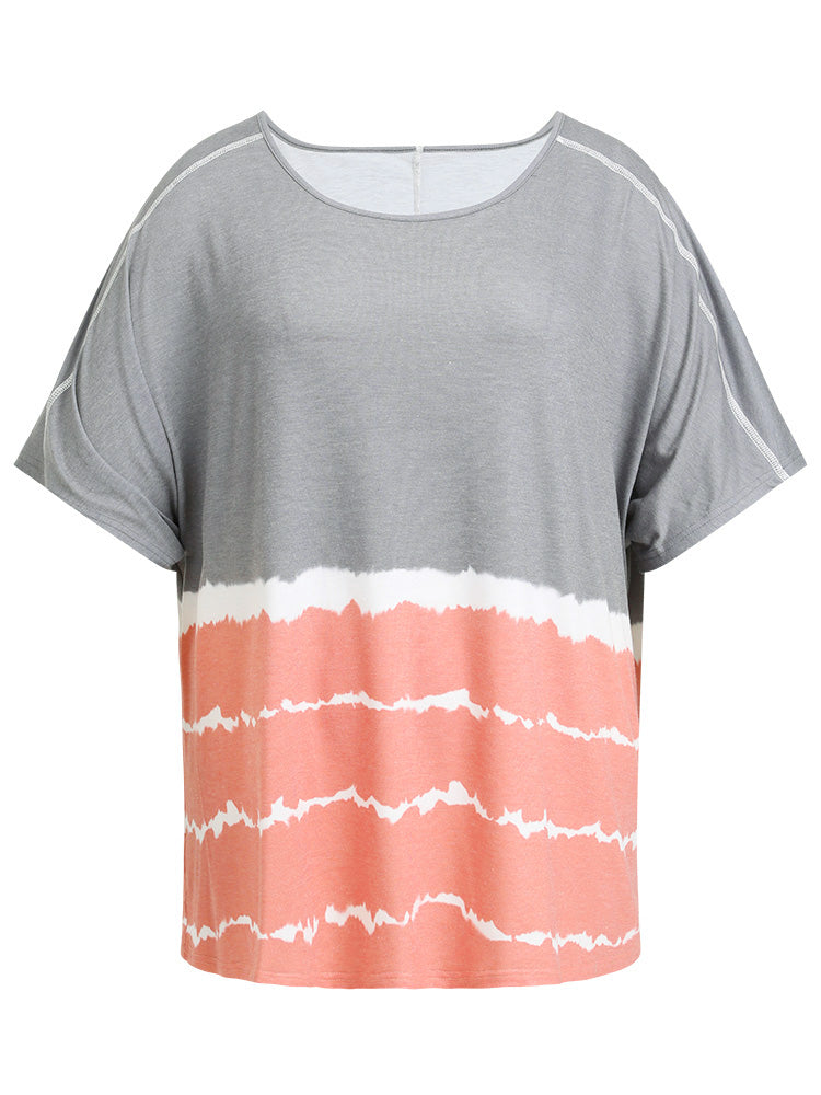 Tie Dye Contrast Stitched Batwing Sleeve Striped T-shirt