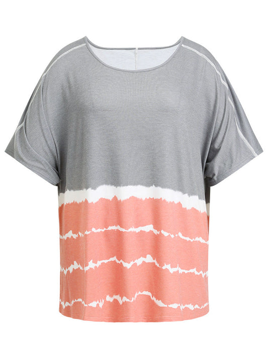 Tie Dye Contrast Stitched Batwing Sleeve Striped T-shirt