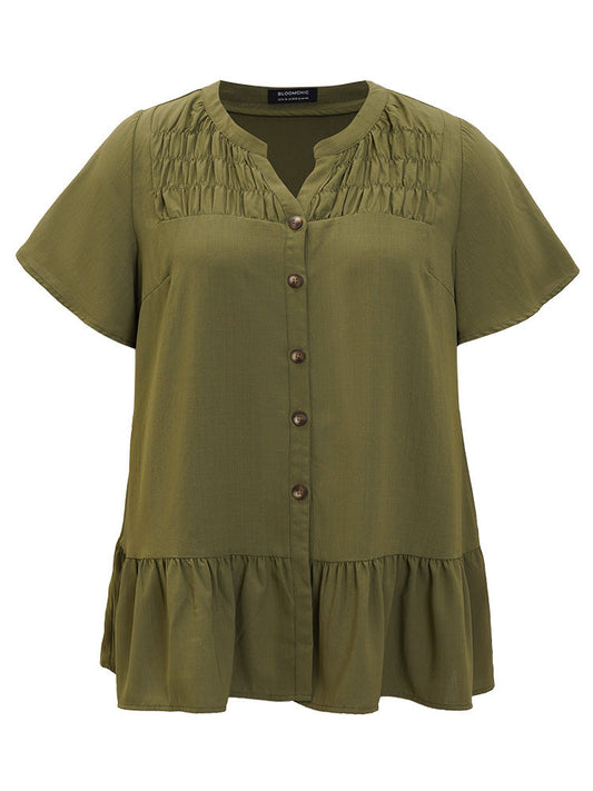 Anti-Wrinkle Plain Notched Button Up Shirred Flutter Blouse