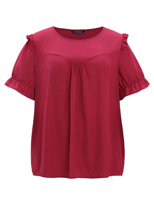 Plain Gathered Ruffle Trim Puff Sleeve Blouse