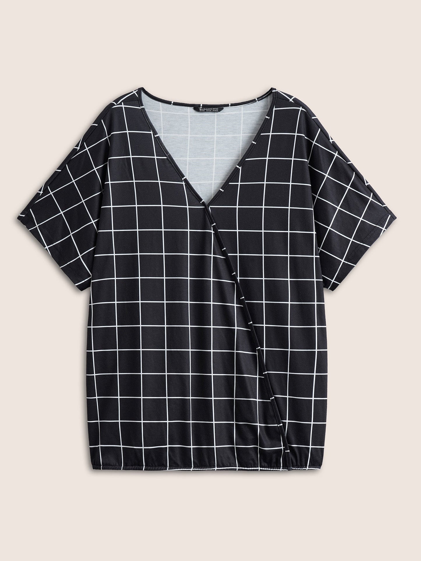 Plaid Surplice Neck Batwing Sleeve T-shirt