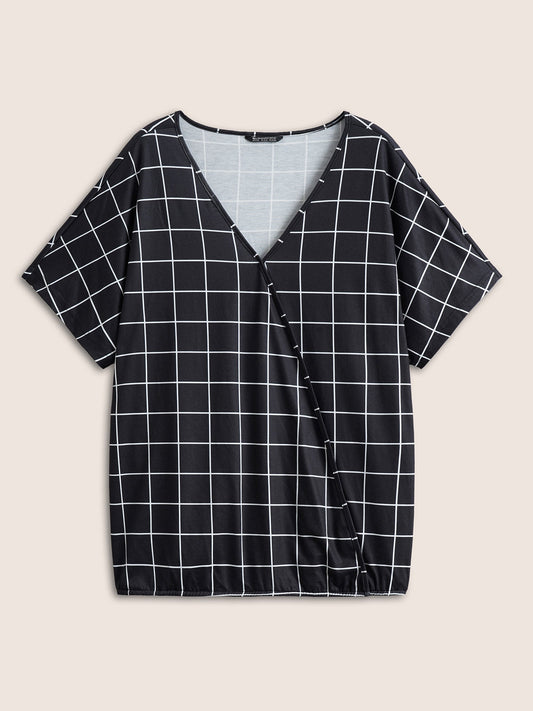 Plaid Surplice Neck Batwing Sleeve T-shirt