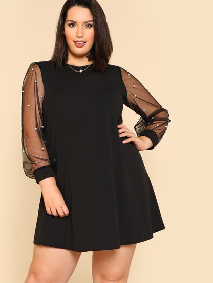 Pearl Beading Mesh Sleeve Dress