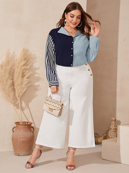 Collared Colorblock Striped Sleeve Blouse