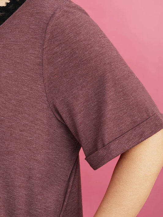 Solid Lace Trim Pocket V Neck Sleep Dress