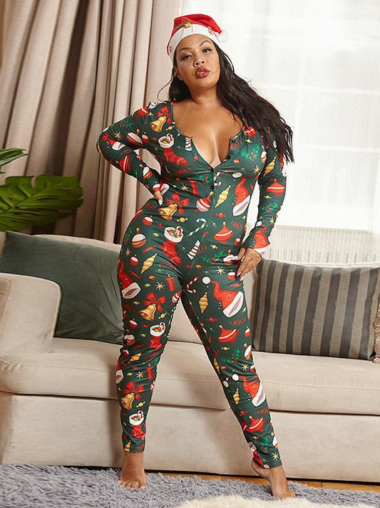 Christmas Printed V-neck Slim Fit Jumpsuit